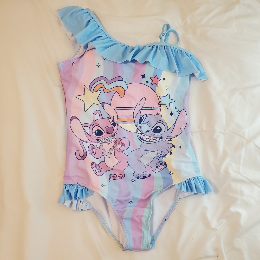 Disney Stitch and Angel Pastel Rainbow Ruffle One Piece Swimsuit NWT